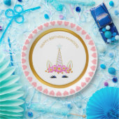 かわいい一角獣、花と金ゴールドドット ペーパープレート (パーティー)