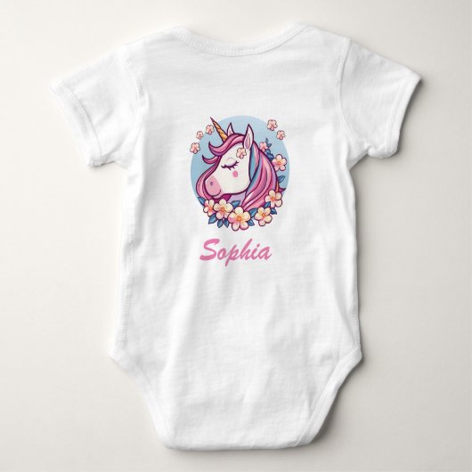 かわいい一角花とパーソナライズされた名前 ベビーボディスーツ (裏面)