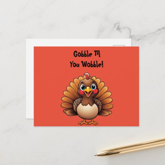 かわいい七面鳥の"Gobble Til You Wobble" ポストカード (正面/裏面インサイチュ)