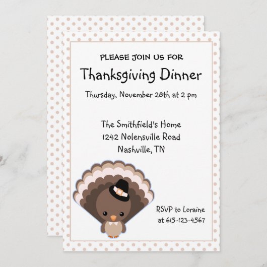 かわいい七面鳥感謝祭ディナー 招待状 (正面/裏面)