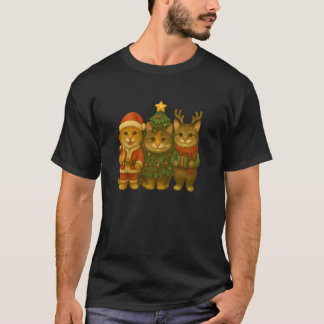 かわいい三匹の猫のクリスマスツリーサンタトナカイ猫 Tシャツ