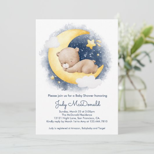 かわいい三日月テディベア赤ちゃんシャワー 招待状 (スタンド正面)