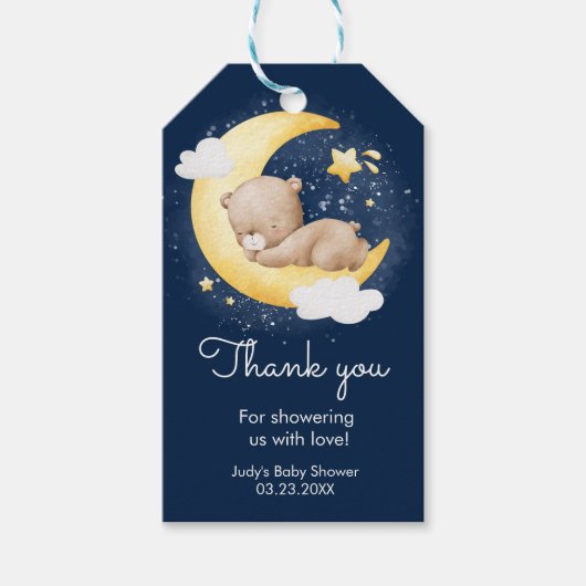 かわいい三日月ネイビームーンテディベア赤ちゃんシャワー ギフトタグ (正面)