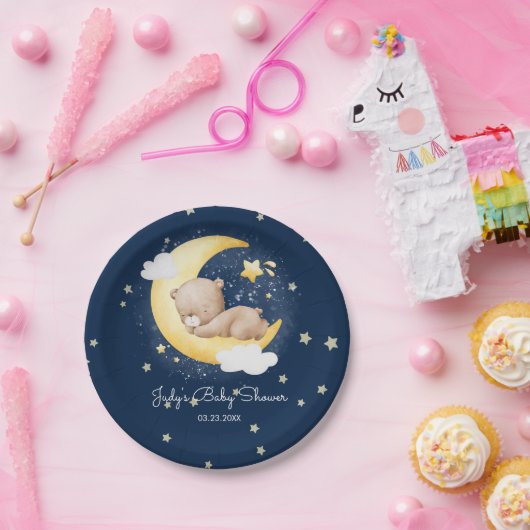 かわいい三日月ネイビームーンテディベア赤ちゃんシャワー ペーパープレート (パーティー)