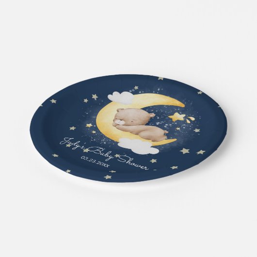 かわいい三日月ネイビームーンテディベア赤ちゃんシャワー ペーパープレート (アングル)