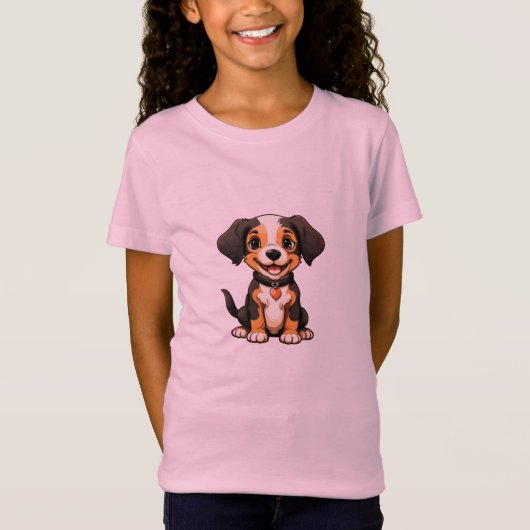 かわいい三毛の子犬アート - 愛らしいキャラクタードッグ Tシャツ (正面)