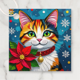 かわいい三毛猫とポインセチアのクリスマス フェイバータグ