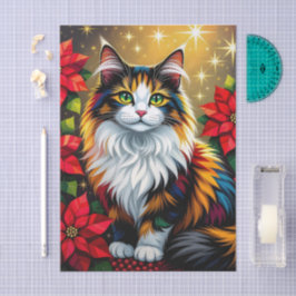 かわいい三毛猫とポインセチアのクリスマス 薄葉紙