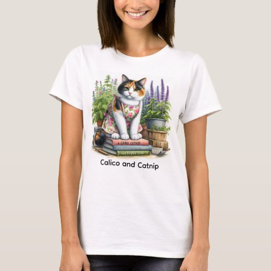 かわいい三毛猫と猫好きのための猫草デザイン Tシャツ (正面)