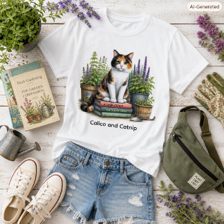 かわいい三毛猫と猫好きのための猫草デザイン Tシャツ