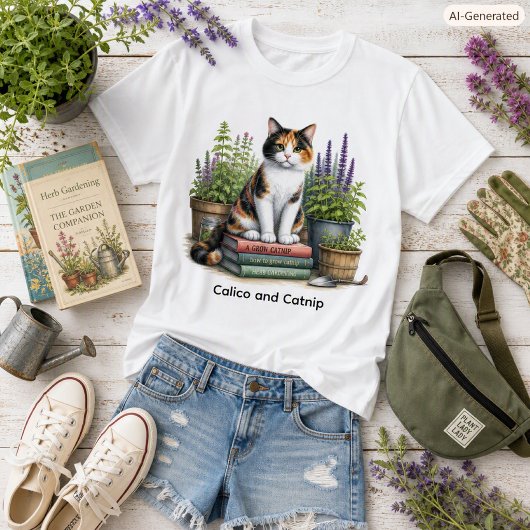 かわいい三毛猫と猫好きのための猫草デザイン Tシャツ