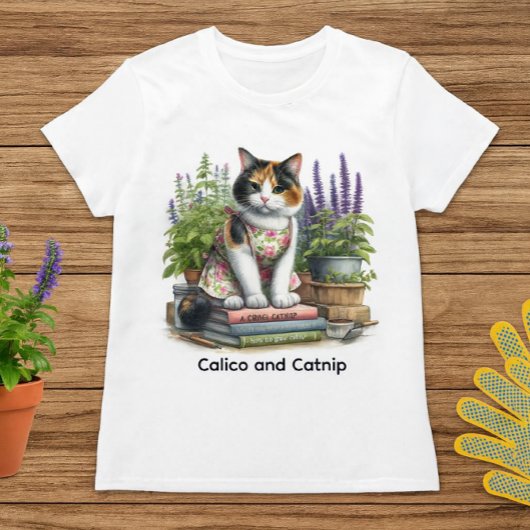 かわいい三毛猫と猫好きのための猫草デザイン Tシャツ