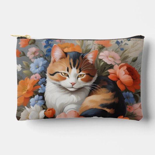 かわいい三毛猫と花 アクセサリーポーチ (正面)