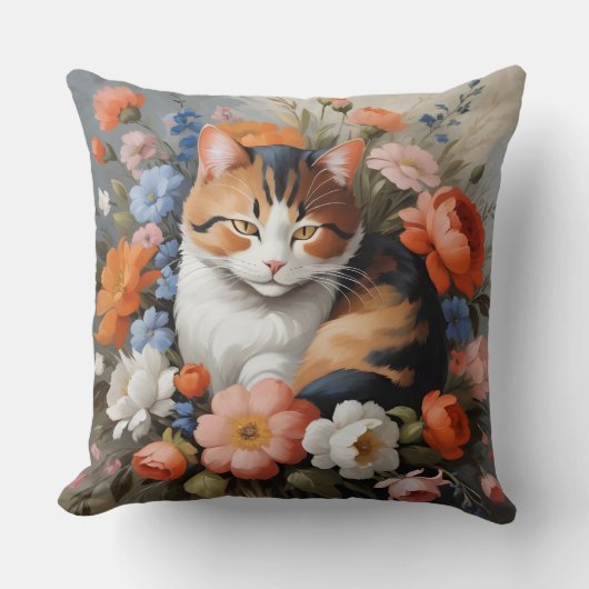かわいい三毛猫と花 クッション (正面)