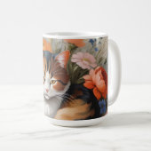 かわいい三毛猫と花 コーヒーマグカップ (正面右)
