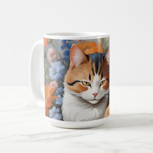 かわいい三毛猫と花 コーヒーマグカップ (正面左)
