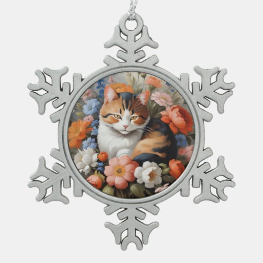かわいい三毛猫と花 スノーフレークピューターオーナメント (正面)