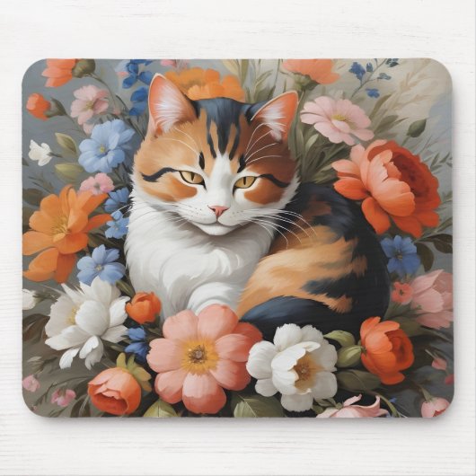 かわいい三毛猫と花 マウスパッド (正面)