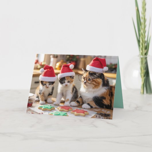 かわいい三毛猫のクリスマスクッキーカード カード (正面)