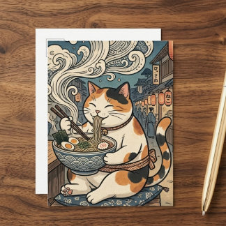 かわいい三毛猫のラーメンを食べる日本画 ポストカード