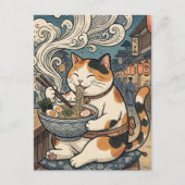 かわいい三毛猫のラーメンを食べる日本画 ポストカード (正面)