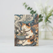 かわいい三毛猫のラーメンを食べる日本画 ポストカード (スタンド正面)