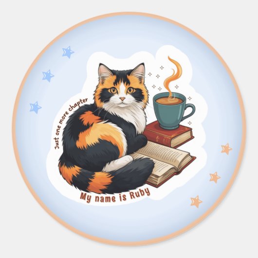 かわいい三毛猫の本読み&コーヒーパーソナライズデザイン ラウンドシール (正面)