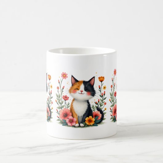 かわいい三毛猫の花柄コテージコアな雰囲気 コーヒーマグカップ (中央)