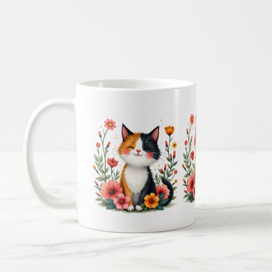 かわいい三毛猫の花柄コテージコアな雰囲気 コーヒーマグカップ (左)