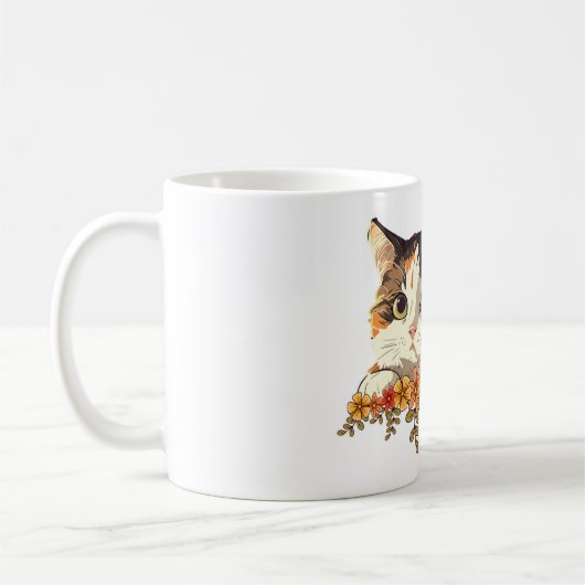 かわいい三毛猫の花越しアート コーヒーマグカップ (左)