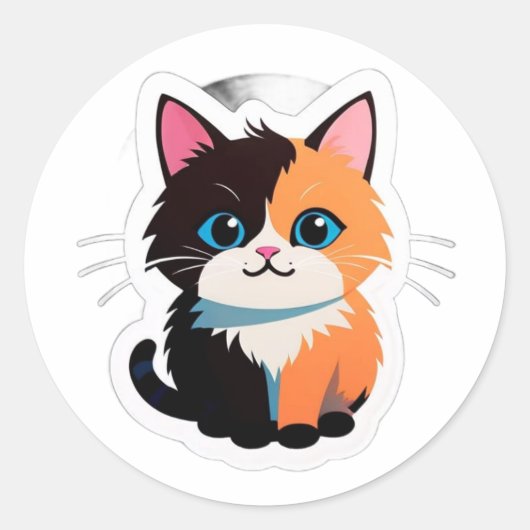 かわいい三毛猫ステッカー – 愛らしい二色の子猫 ラウンドシール (正面)