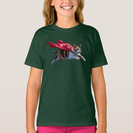かわいい三毛猫スーパーヒーロー キッズTシャツ Tシャツ (正面)