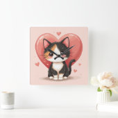 かわいい三毛猫ハートバレンタインデザイン スクエア壁時計 (ホーム)