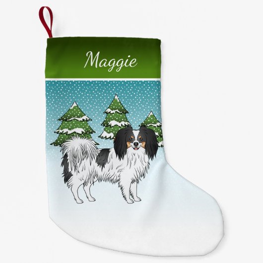かわいい三色のファレン 幸せな犬 青い冬の森 スモールクリスマスストッキング (正面)
