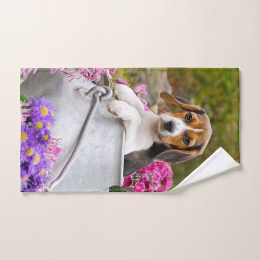 かわいい三色ビーグル犬の子犬がミルク缶でペットに バスタオルセット (ハンドタオル)