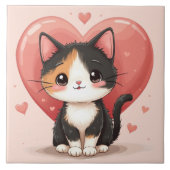 かわいい三色猫のハート　かわいいバレンタインアート タイル (正面)