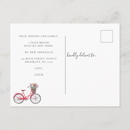 かわいい上の移動フローラ自転車の新しいアドレス移動 案内ポストカード (裏面)