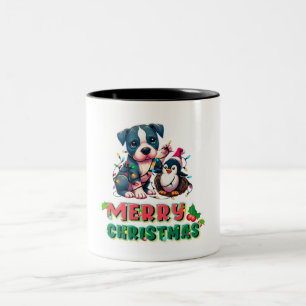 かわいい不器用なピットブルとペンギンのクリスマス ツートーンマグカップ