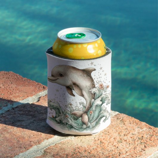 かわいい不思議な夏のビーチの風景とイルカ 缶クーラー (インサイチュ プール)
