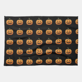 かわいい不気味かぼちゃ模様ブラックハロウィン キッチンタオル