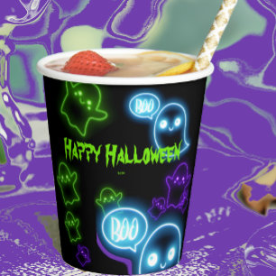 かわいい不気味なネオンブー幽霊ハッピーハローウィン 紙コップ