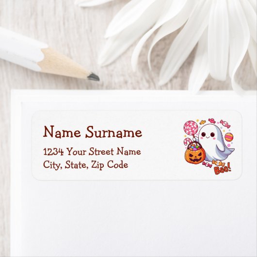 かわいい不気味なハロウィンのおばけ、かぼちゃとお菓子 ラベル (インサイチュ)