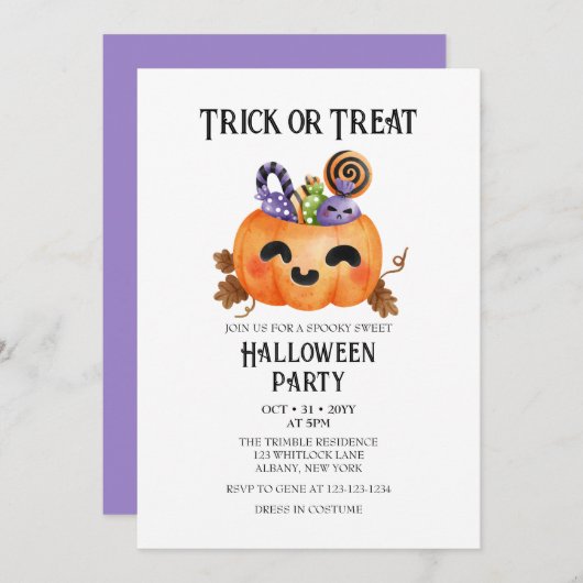 かわいい不気味トリックまたはトリートコスチュームハローウィンパーティ 招待状 (正面/裏面)