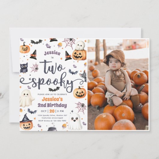 かわいい不気味ハロウィン幽霊2ndバースデーフォト 招待状 (正面)