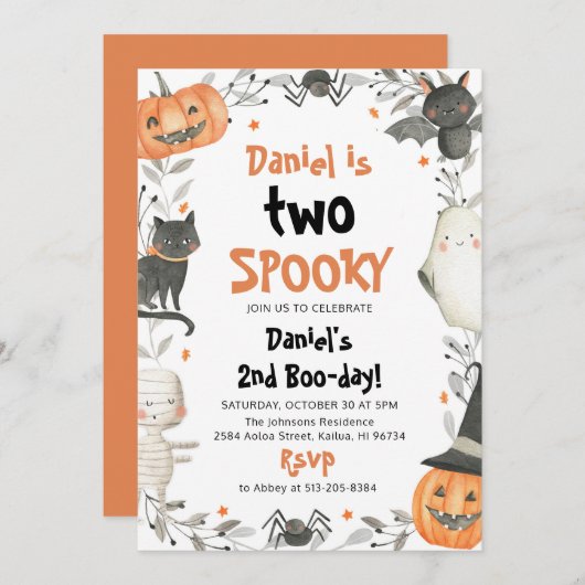 かわいい不気味ハロウィン幽霊2nd誕生日パーティー 招待状 (正面/裏面)
