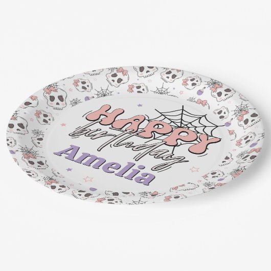 かわいい不気味ピンクのハロウィーンハッピーバースデー ペーパープレート (アングル)