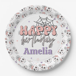 かわいい不気味ピンクのハロウィーンハッピーバースデー ペーパープレート