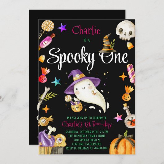 かわいい不気味ワンハロウィーン幽霊1st男の子誕生日 招待状 (正面/裏面)