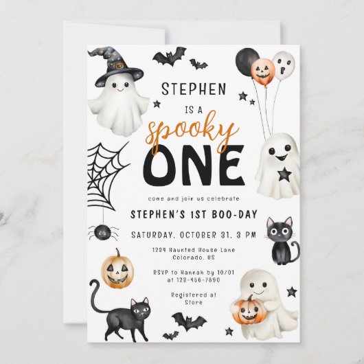 かわいい不気味ワン幽霊ハロウィーン1回目の誕生日 招待状 (正面)