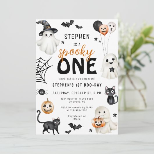 かわいい不気味ワン幽霊ハロウィーン1回目の誕生日 招待状 (スタンド正面)
